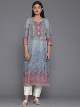 Libas - Grey Chanderi Silk Hand Work Yoke Design Kurta with Lining
