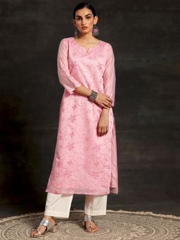Libas - Pink Floral Embroidered Kurta with Lining & Thread Work Detail