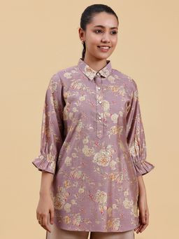 Libas - Mauve Floral Printed Straight Kurti with Short Button Placket