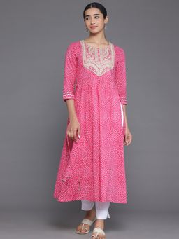 Libas - Pink Bandhani Printed A-Line Kurta with Embroidered Yoke