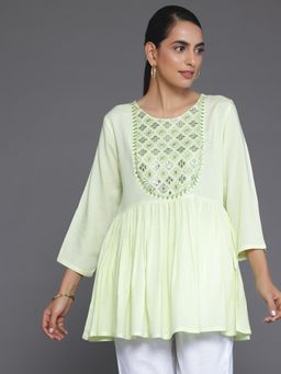 Libas - Green Geometric Embroidered Flared Mirror Work Kurti