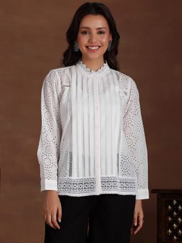 Libas - White Geometric Schiffli Kurti with Pleats & Button Placket