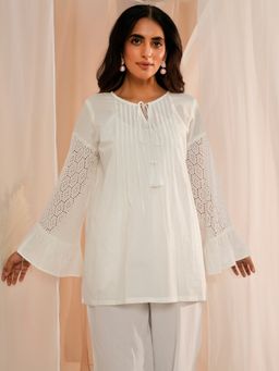 Libas - White Pleated Kurti with Tassels with Schiffli Work