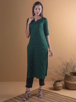 Libas - Green Embroidered Rayon Kurta