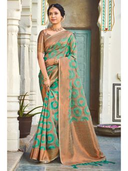 Sangam Prints - Turquoise & Gold Organza Woven Zari Work Traditional Saree with Unstitched Blouse