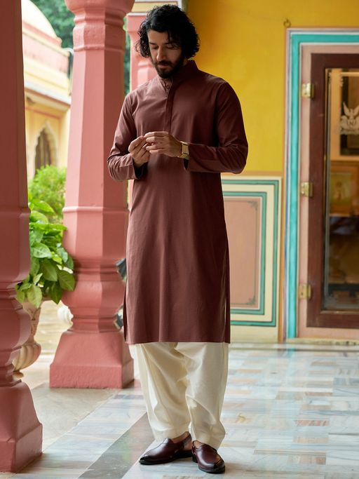 Andamen Men Brown Melange Cotton Blend Woven Kurta