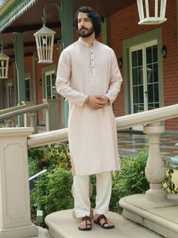 Andamen - Men Beige Feature Embroidery Linen Woven Kurta
