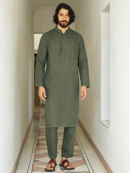Andamen - Men Olive Feature Embroidery Linen Woven Kurta