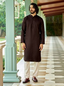 Andamen - Men Brown Feature Embroidery Linen Woven Kurta