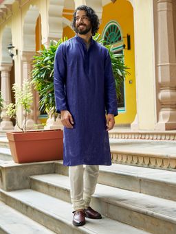 Andamen - Men Navy Blue Placement Embroidery Linen Woven Kurta