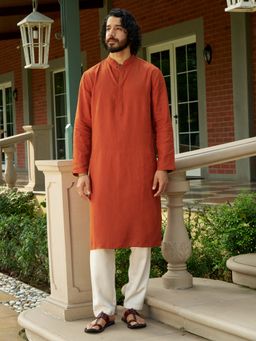 Andamen - Men Rust Placement Embroidery Linen Woven Kurta