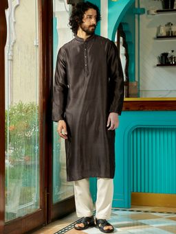 Andamen - Men Brown Feature Embroidery Cotton Blend Woven Kurta