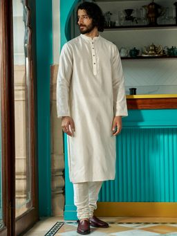 Andamen - Men White Feature Embroidery Cotton Blend Woven Kurta