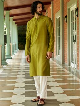 Andamen - Men Green Indian Silhouette Cotton Blend Woven Kurta