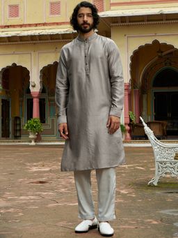 Andamen - Men Grey Feature Solid Cotton Blend Woven Kurta