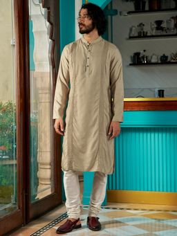 Andamen - Men Khaki Indian Silhouette Viscose Blend Woven Kurta