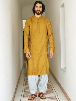 Andamen - Men Mustard Indian Silhouette Viscose Blend Woven Kurta
