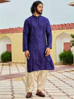 Andamen - Men Navy Blue Indian Silhouette Viscose Blend Woven Kurta