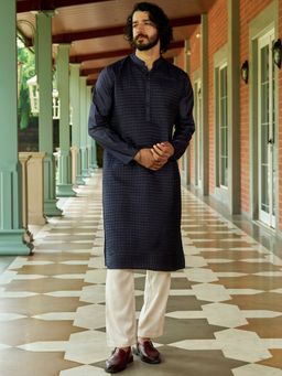 Andamen - Men Navy Blue Bangalore Silk Woven Kurta