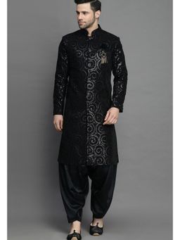 UTSAV FASHION - Embroidered Straight Velvet Black Sherwani with Salwar