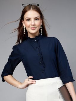 Style Quotient - Women Solid Navy Blue Regular Fit Casual Shirt