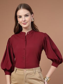 Style Quotient - Women Solid Maroon Slim Fit Casual Shirt