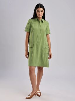 Calvin Klein - Rayon Green Spread Collar Shirt Dress