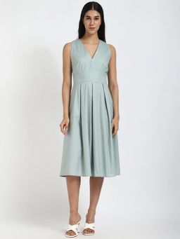 Calvin Klein - Cotton Green V-Neck A-Line Dress