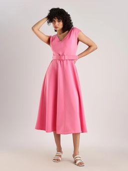 Calvin Klein - Polyester Pink V-neck Fit and Flare Dress