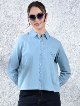 CRIMSOUNE CLUB - Women Blue Casual Full Sleeves Slim Fit Shirt