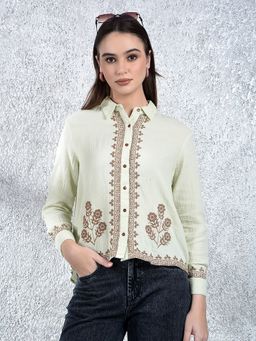 CRIMSOUNE CLUB - Women Green Casual Full Sleeves Slim Fit Shirt