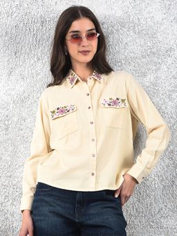 CRIMSOUNE CLUB - Women Cream Casual Full Sleeves Slim Fit Shirt