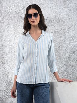 CRIMSOUNE CLUB - Women Casual Full Sleeves Blue Slim Fit Shirt
