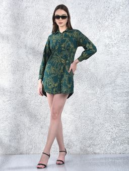 CRIMSOUNE CLUB - Women Green Floral cotton Mini Shirt Dress