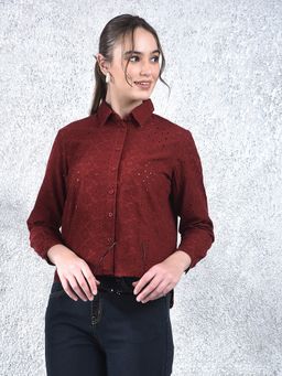 CRIMSOUNE CLUB - Women Maroon Casual Full Sleeves Slim Fit Shirt