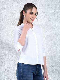 CRIMSOUNE CLUB - Women White Casual Three Fourth Sleeves Slim Fit Shirt