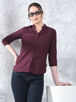CRIMSOUNE CLUB - Women Wine Casual Three Fourth Sleeves Slim Fit Shirt