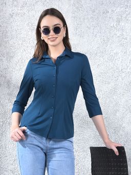 CRIMSOUNE CLUB - Women Blue Casual Three Fourth Sleeves Slim Fit Shirt