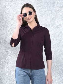 CRIMSOUNE CLUB - Women Wine Casual Three Fourth Sleeves Slim Fit Shirt