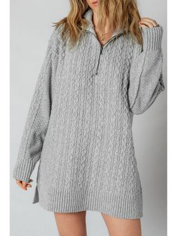 Errabelly - High Cable Knit Quarter Zip Ribbed Trim Loose Sweater Dress