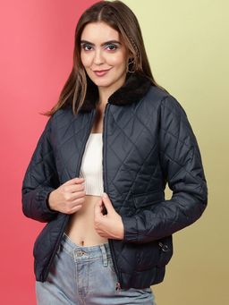 Freehand - Women Polyester Navy Blue Solid High Neck Jacket