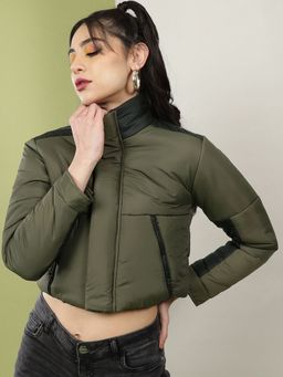 Freehand - Women Polyester Olive Colorblock High Neck Jacket