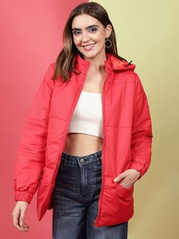 Freehand - Women Polyester Red Solid High Neck Jacket