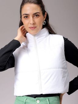 Freehand - Women Polyester White Solid High Neck Jacket