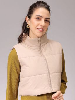 Freehand - Women Polyester Beige Solid High Neck Jacket