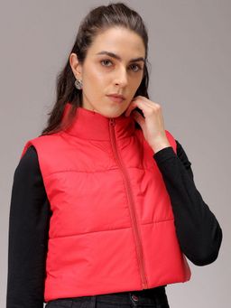 Freehand - Women Polyester Red Solid High Neck Jacket