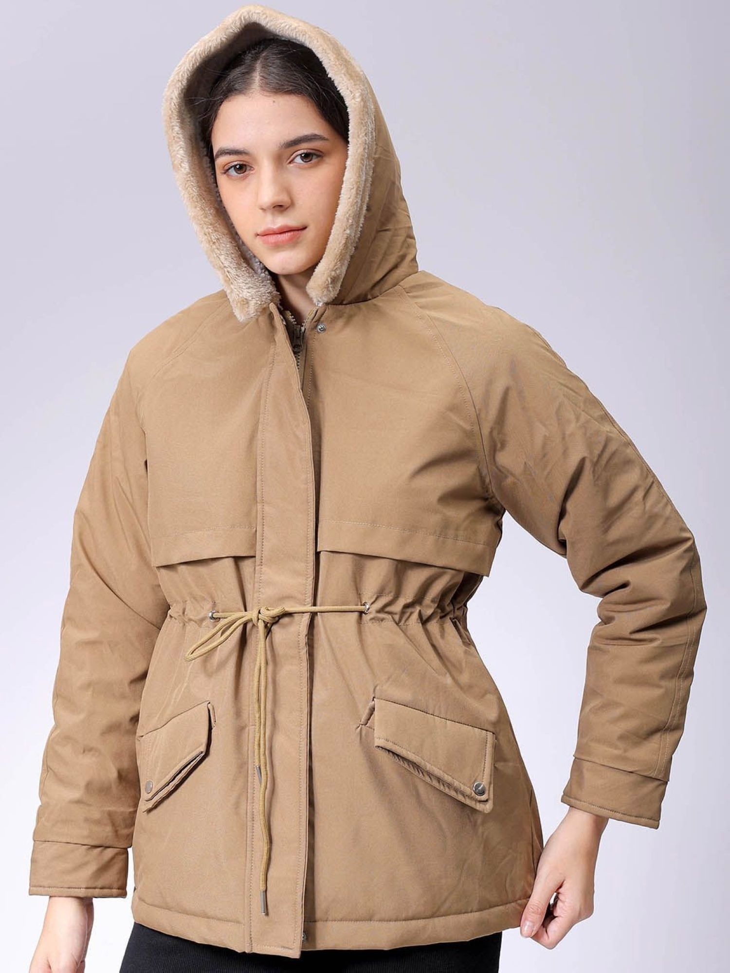 freehand Women Polyester Beige Solid Hooded Jacket-picture-11