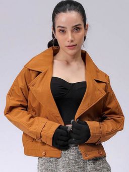 Freehand - Women Polyester Tan Solid Notched Lapel Jacket