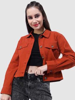 Freehand - Women Cotton Rust Solid Collar Neck Jacket