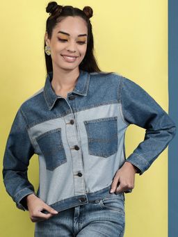 Freehand - Women Polycotton Blue Solid Collar Neck Jacket